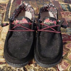Hey Dude Black Glitter Suede Slip-Ons with Pink Floral Lining Womens 10